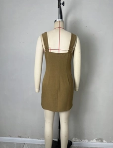 French-style olive green sleeveless dress with back zipper and slim fit design