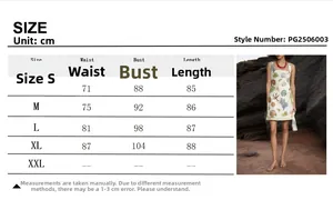 Size chart for floral mini dress showing waist and bust measurements in centimeters
