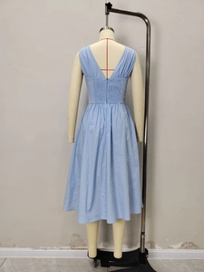 Sleeveless light blue V-neck maxi dress with smocked waist and A-line pleated skirt