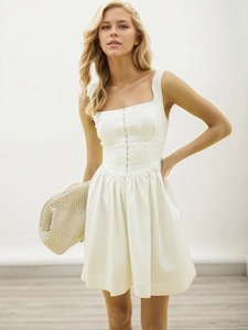 Robe Courte Élégante Style Français Décoration Boutons Sans Manches Femme Col Carré Dos Élastique Vacances Fête Décontractée Coupe A