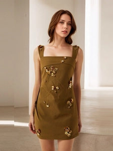 French Vintage Floral Sequin Mini Dress For Women Elegant Square Neck Sleeveless High Waist Coffee Summer Party Dress