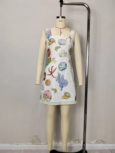 White A-line backless mini dress with colorful sea shell and coral ocean print