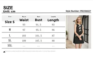 Size chart for sleeveless polka dot dress with bust, waist and length measurements