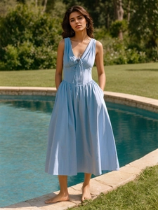 Women V Neck Sleeveless Midi Dress Tie Back Smocked Waist A Line Rayon Summer Casual Vacation Elegant Dress