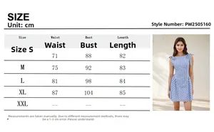 Size chart showing waist, bust and length measurements for plaid pleated dress
