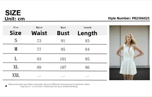 Size chart table for white sleeveless lace mini dress showing bust and waist in cm