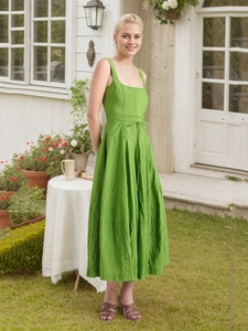 Abito Lungo Verde Senza Maniche Vintage Francese Con Scollo Quadrato E Cinturino In Vita Elegante Abito Estivo Linea A Donna