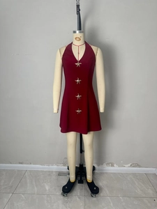 Chic dark red halter sleeveless mini dress featuring gold starfish applique decorations