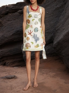 Women Backless Ocean Print Mini Dress Sleeveless Bow Tie Back Vacation A-line Sundress Starfish Shell Coral Pattern Sundress