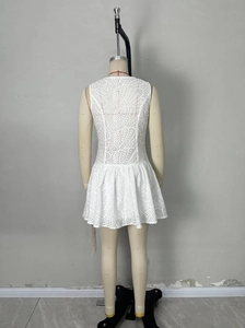 Back view of a white eyelet lace sleeveless mini dress with slim waist and pleated skirt