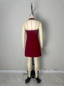 Deep red halter backless mini dress with four delicate back straps and A-line silhouette