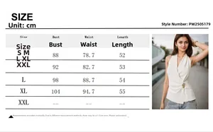 Size guide for French satin V-neck sleeveless top featuring golden leaf waist buckle