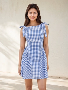 Women French Gingham Tie Shoulder Mini Dress Elegant Sleeveless Square Neck A-Line Pleated Summer Vacation Sun Dress