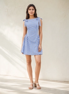 French style blue gingham plaid mini dress with square neck and tie shoulder straps