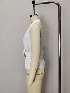 Elegant white satin V-neck sleeveless blouse with side buckle detail for women