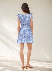 French style blue gingham mini dress with tie straps and slim waist A-line skirt