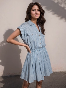 Abito da Donna Sexy a Strisce Blu a Camicia Rever Manica Corta Vita Sottile Mini Pieghe Estate Casual Vacanza Moda Elegante