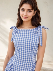 Detail of square neckline and bow shoulder straps on blue gingham summer dress