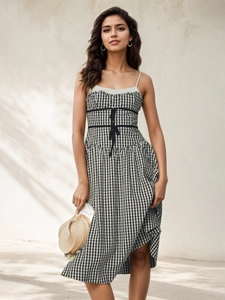 Robe Vichy Rétro Français à Bretelles Spaghetti Pour Femmes Volants Noeud Taille Haute Coupe Trapèze Robe Midi Vacances Été