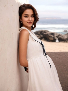 Close-up of white sleeveless sailor collar dress with black piping and bow detail