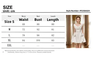 Detailed size guide table for women's white satin dress with floral waist design