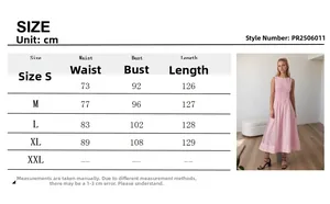 Size guide table for pink sleeveless summer dress including waist, bust, and length measurements