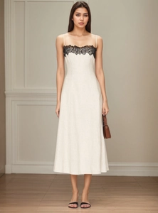 Abito Maxi Cami da Donna Elegante Bianco Panna con Contrasto in Pizzo Estivo Sexy Spalle Scoperte Patchwork per Banchetti