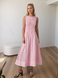 Elegant Pink Sleeveless Maxi Dress For Women Pleated Chest Tencel Blend Summer Casual Solid Color Gentle Style Long Dress