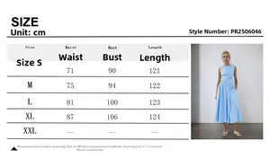 Detailed size chart for blue sleeveless dress with waist pleats and round neckline