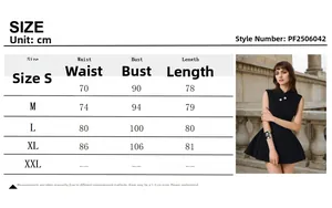 Size chart detail for sleeveless mini dress with bust and waist measurements in cm