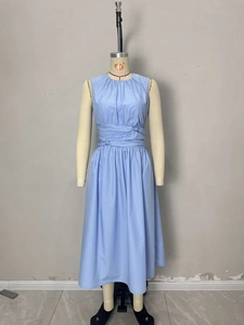 Elegant sky blue sleeveless midi dress with crew neck and waist pleat detailing
