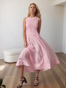 Elegant sleeveless pink midi dress with pleated bodice and flared hem for women