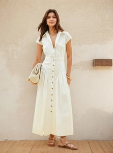 Robe Chemise Élégante Française pour Femmes Revers Simple Boutonnage Manches Courtes Robe Maxi Avec Ceinture Blanc Uni