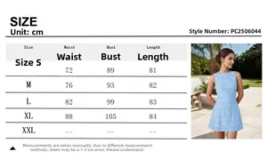 Detailed size chart for the sleeveless embroidered vintage mini dress for women