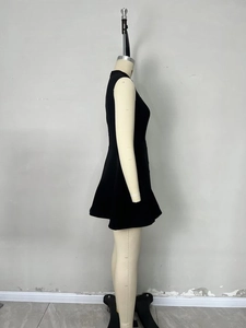 Chic black sleeveless mini dress with a mock neck and slim fit A-line silhouette
