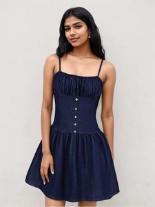 Vestito Mini da Donna Elegante Effetto Denim con Spalline Senza Maniche Slim Fit Vita Bottoni Decorativi Linea A per Estate