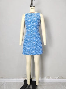 Light blue sleeveless mini dress with white floral embroidery and a classic round neck
