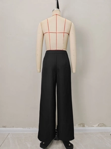 Women's high waist black straight leg trousers with elegant drape and back pocket detail