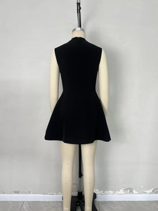 Chic back view of a black sleeveless high-neck A-line mini dress with invisible zipper
