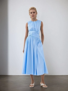 Women Elegant Light Blue Sleeveless Round Neck Waist Pleated A-Line Midi Dress Summer Office Party Casual Swing Dress