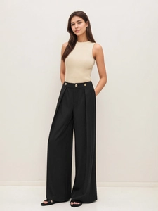 Women High Waist Wide Leg Suit Pants Elegant Drape Straight Trousers With Gold Buttons Casual Office Commuting Slacks