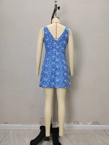 Blue sleeveless A-line mini dress with white daisy floral print and deep V-back design