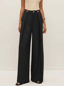 Elegant high waisted black wide leg trousers with decorative gold buttons and front pleats