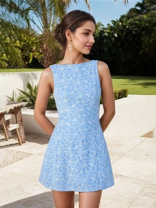 Women Elegant Sleeveless Embroidered Mini Dress Vintage Sky Blue Floral Eyelet A-Line Backless Vacation Summer Short Dress