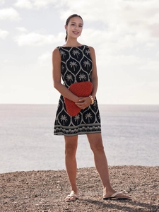 Damen Elegant Ärmelloses A-Linien-Kleid Weißer Palmenmuster-Druck Rundhalsausschnitt Hohe Taille Mini Urlaub Kurzes Sommerkleid