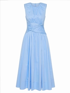 Detail of elegant light blue sleeveless dress featuring waist knot and pleated round neck