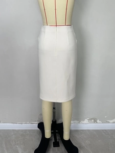 Elegant white mid-length pencil skirt with slit and buttons for professional OL summer wear