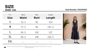 Size chart for V-neck sleeveless midi dress with bust and waist dimensions in cm