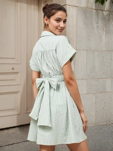 Senkrecht gestreiftes hellgrünes Hemdblusenkleid mit Reverskragen und Bindegürtel für Damen