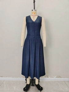 Dark blue sleeveless V-neck pleated midi dress with buttons and classic vest design